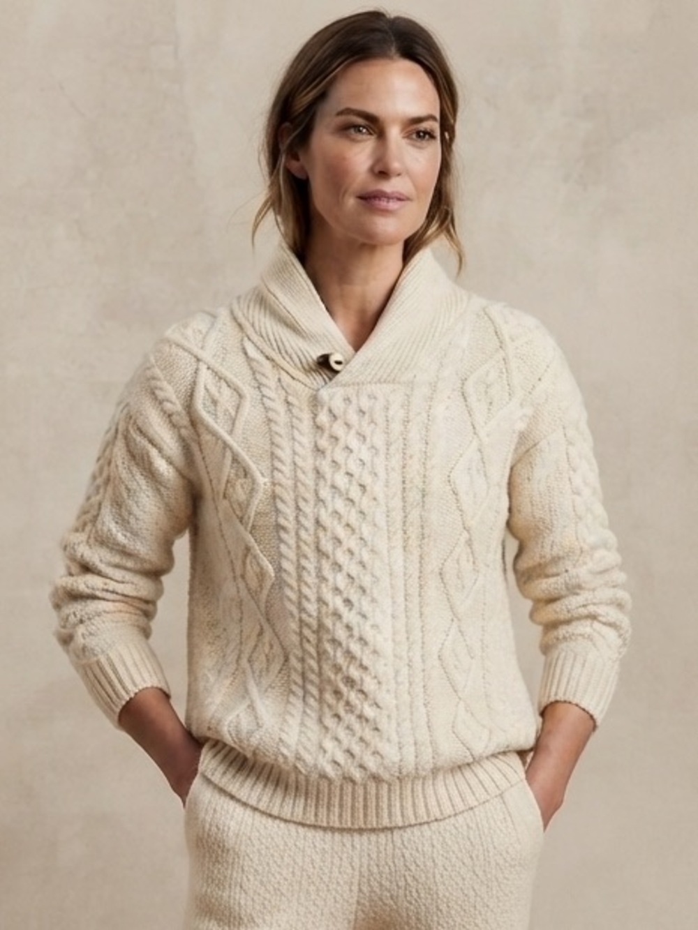 Carraing Donn x  Frank & Oak Sz L Cream Merino Wool Cable Knit Fisherman Sweater